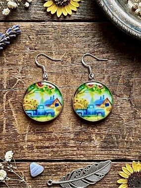 Blue & Green Farmhouse Scene Drop Earrings - Handcrafted Art Jewelry